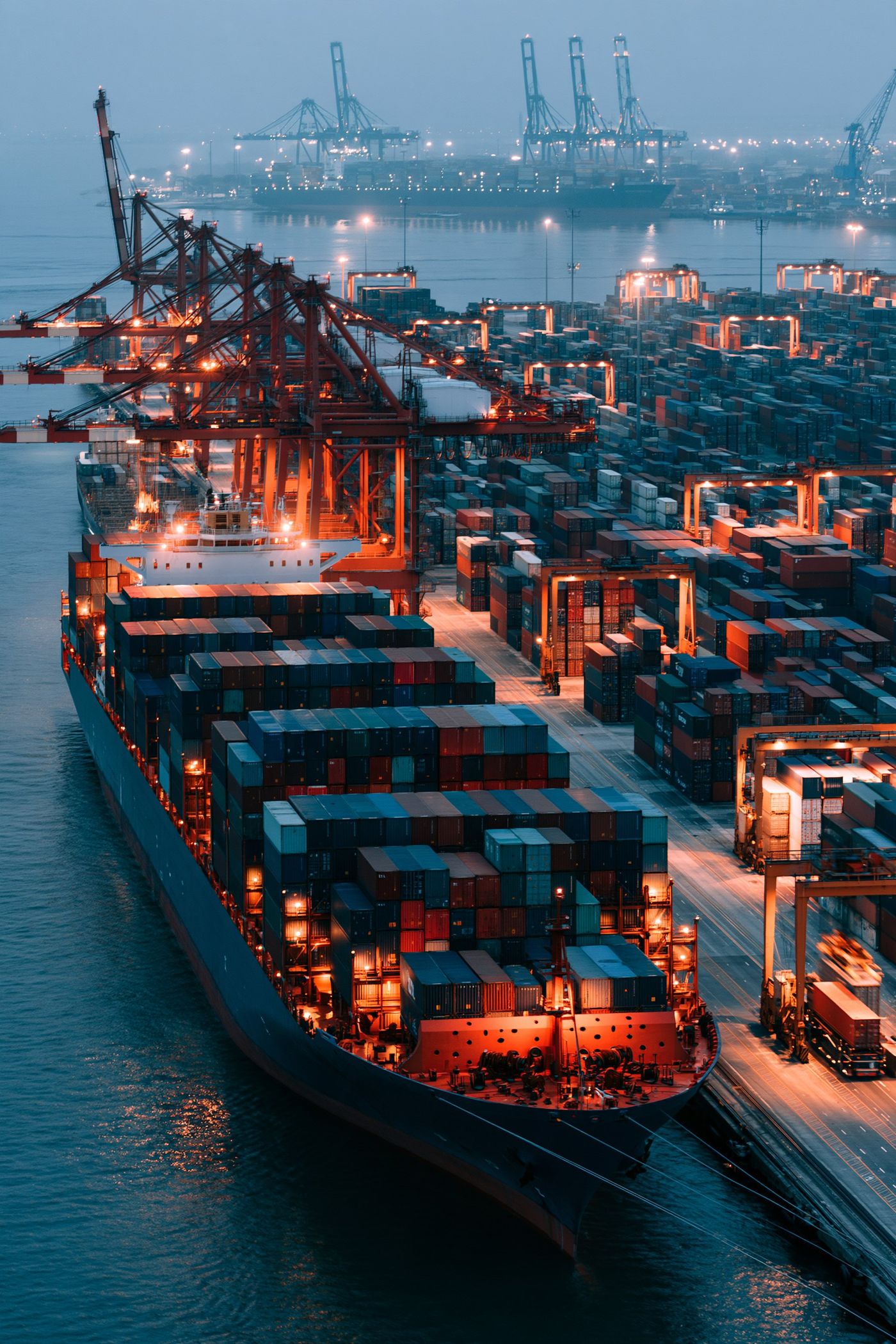 Container port at dusk